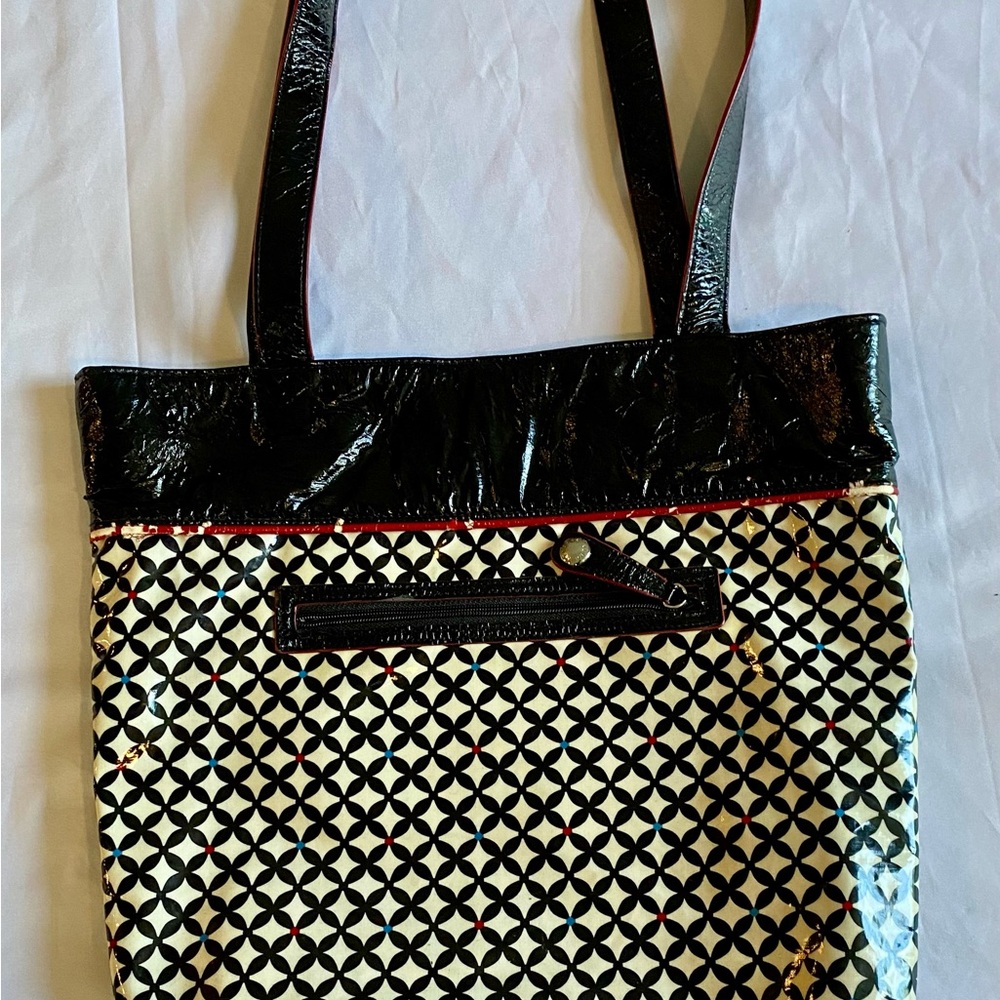 Very Bradley LOVES ME Black Red & White Floral Coated Laminate Tote Bag